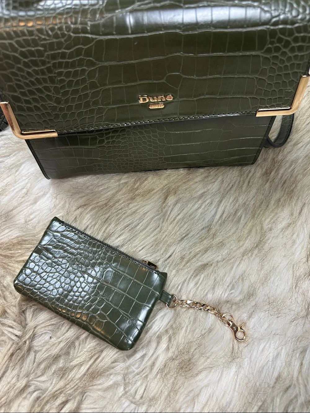 Dune London Olive Green Croc Embossed Crossbody Bag + Matching Coin Pouch NWOT
